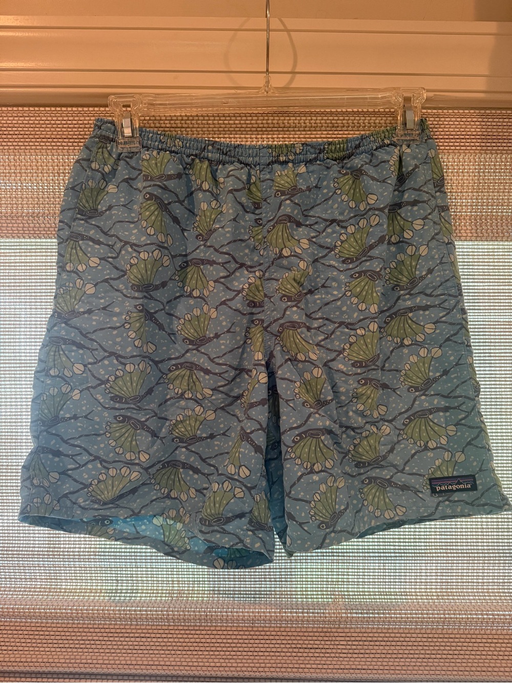 Patagonia Men's Light Blue Swim Shorts with Green Shellfish Motif